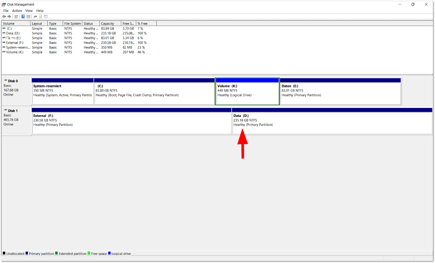 Standard Disk Management window after creating a volume