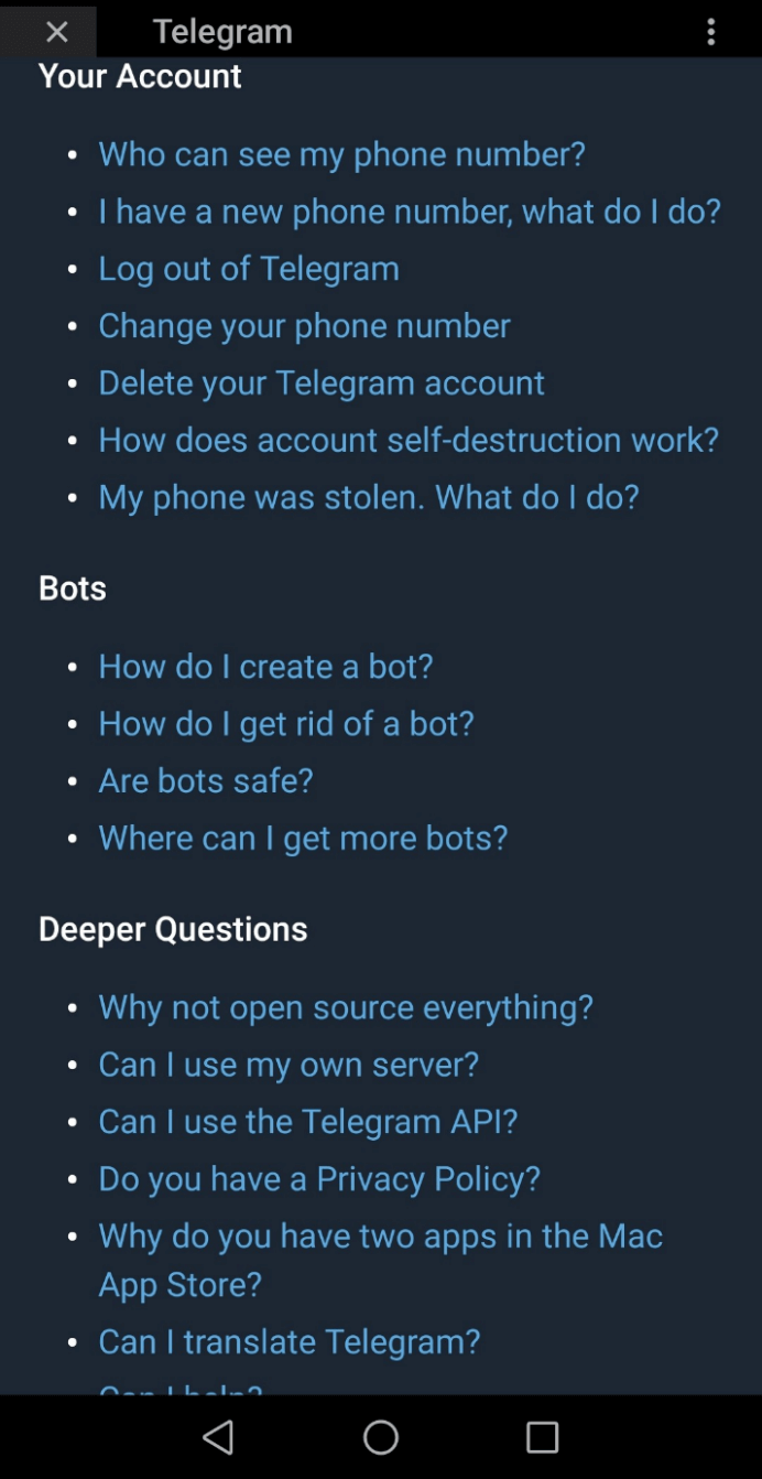 Telegram app FAQ section with “Your account”