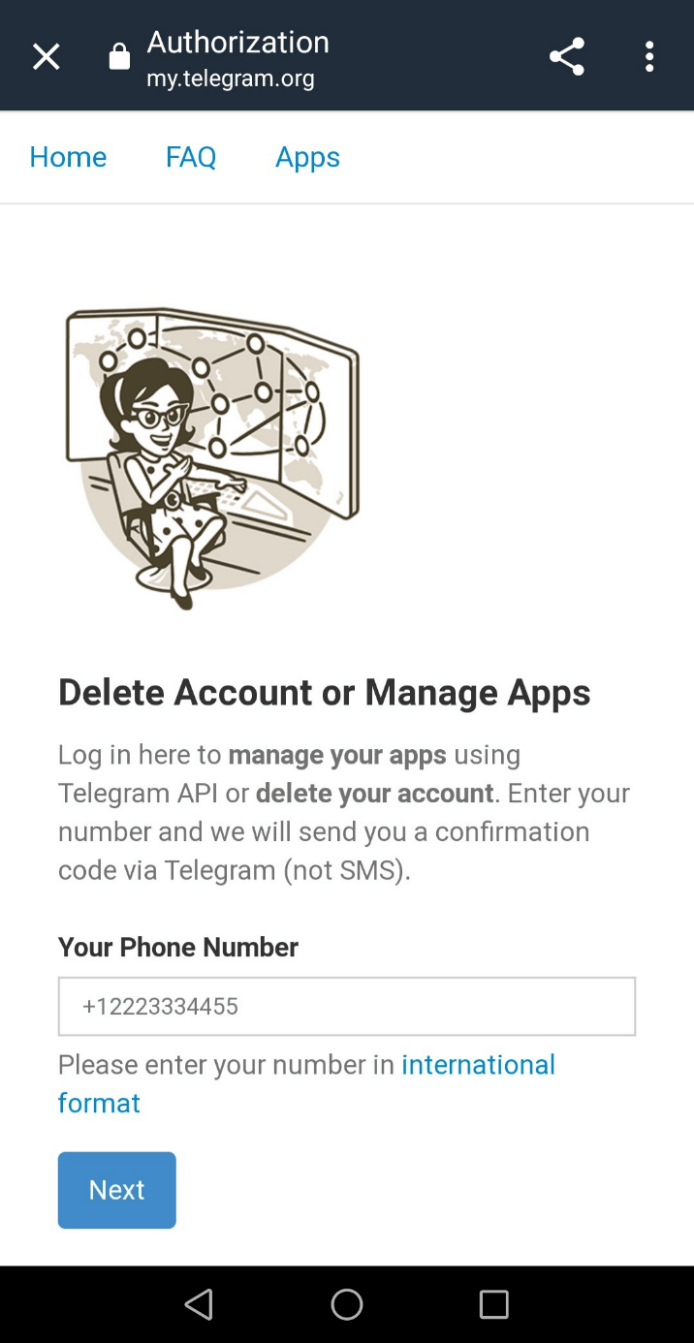 Telegram page for deleting your account