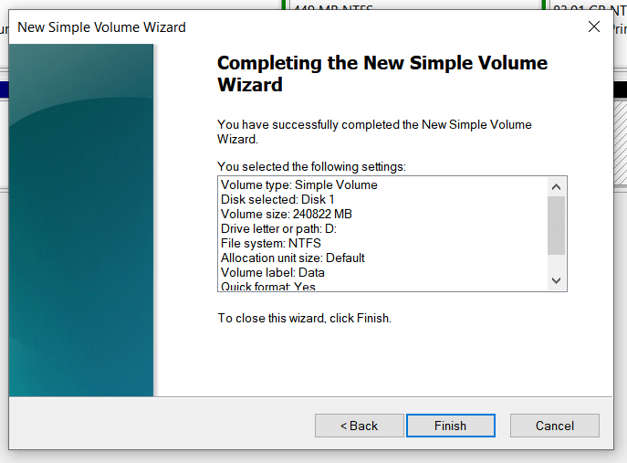 The final window of the New Simple Volume Wizard