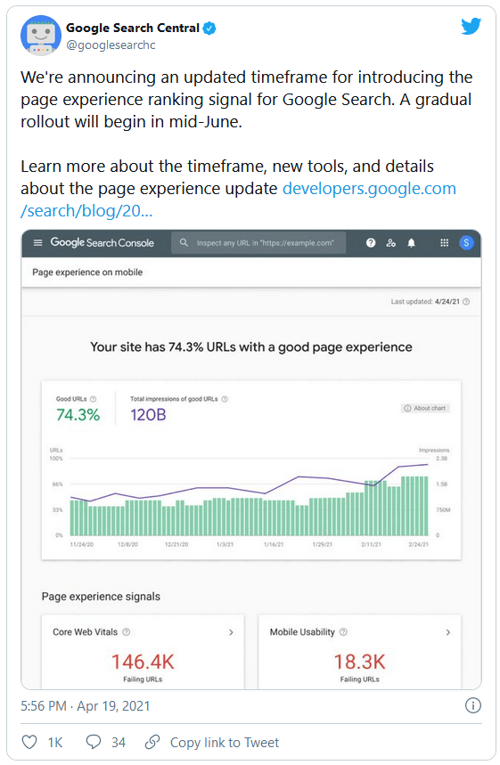 Tweet from the Google Teams regarding Core Web Vitals