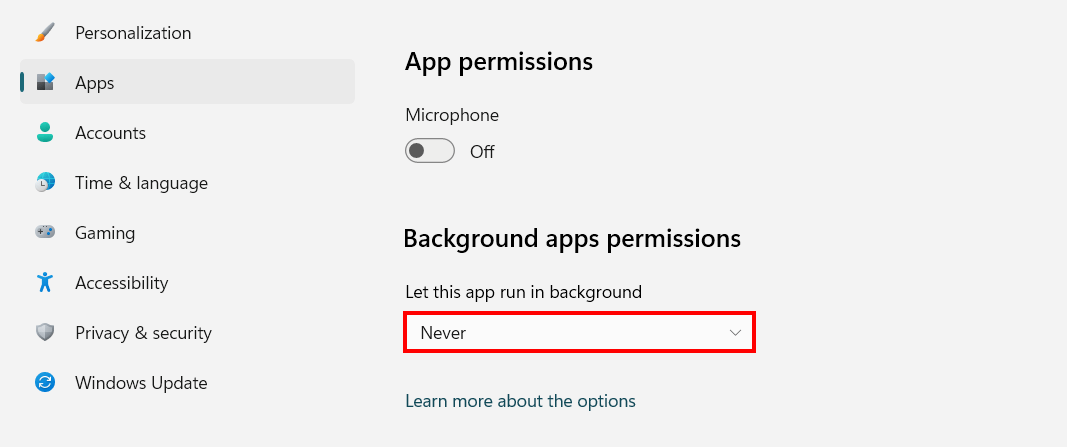 Windows 11: “Advanced settings” of an app with background permissions