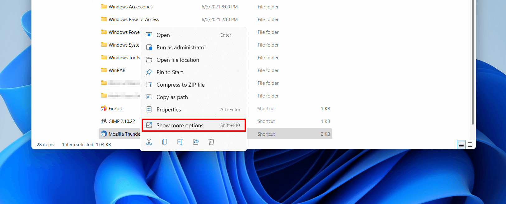 Windows 11: File right-click menu
