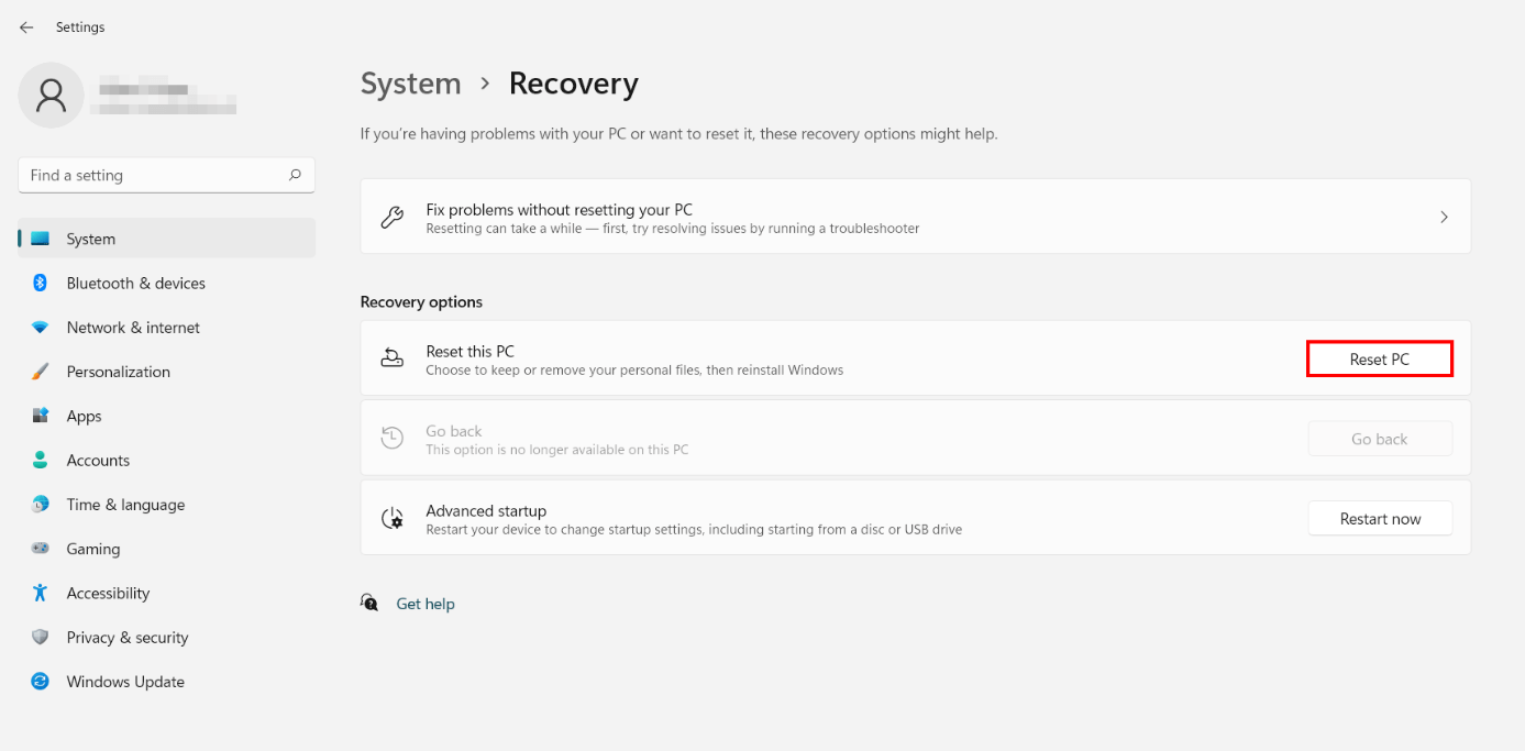 Windows 11 System Settings with Recovery Menu