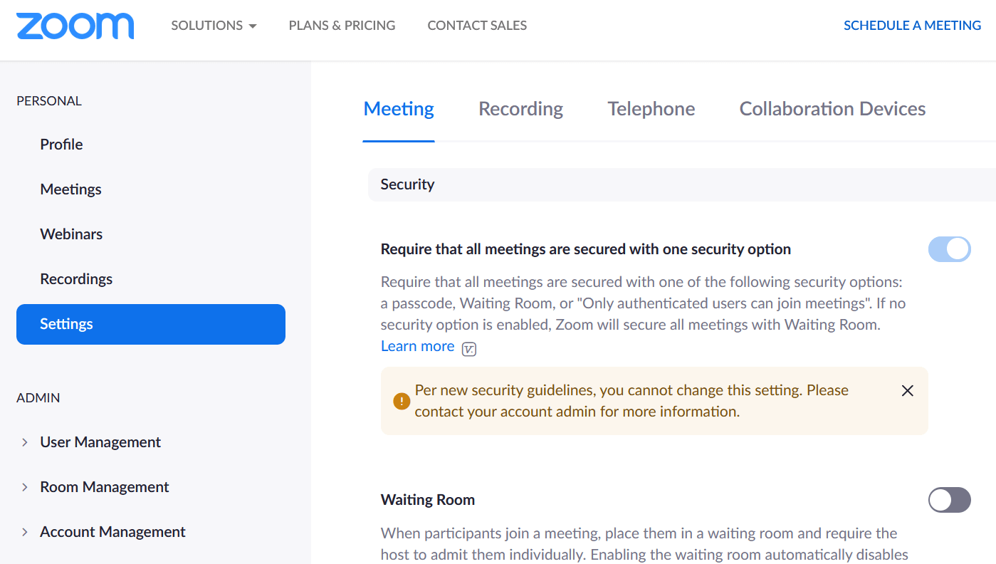 Meeting settings on Zoom website
