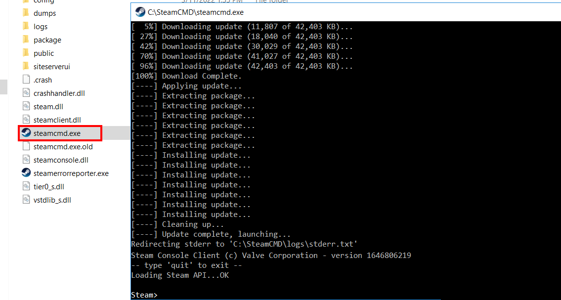 SteamCMD installation using the Windows command prompt