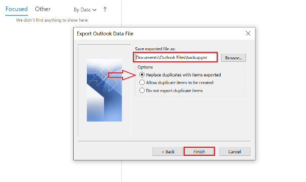 Outlook Import and Export Wizard: exported file location