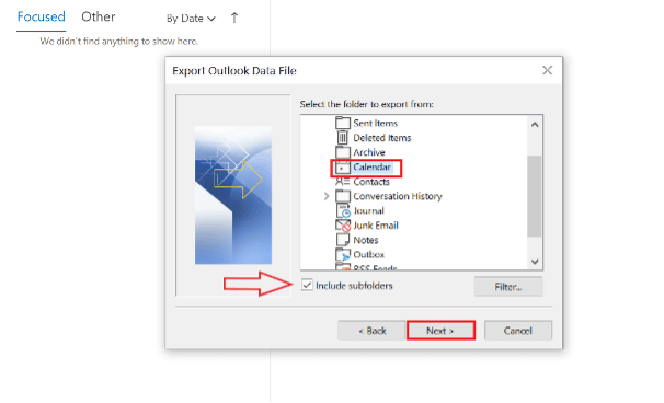 Outlook Import and Export Wizard: selection of data for export