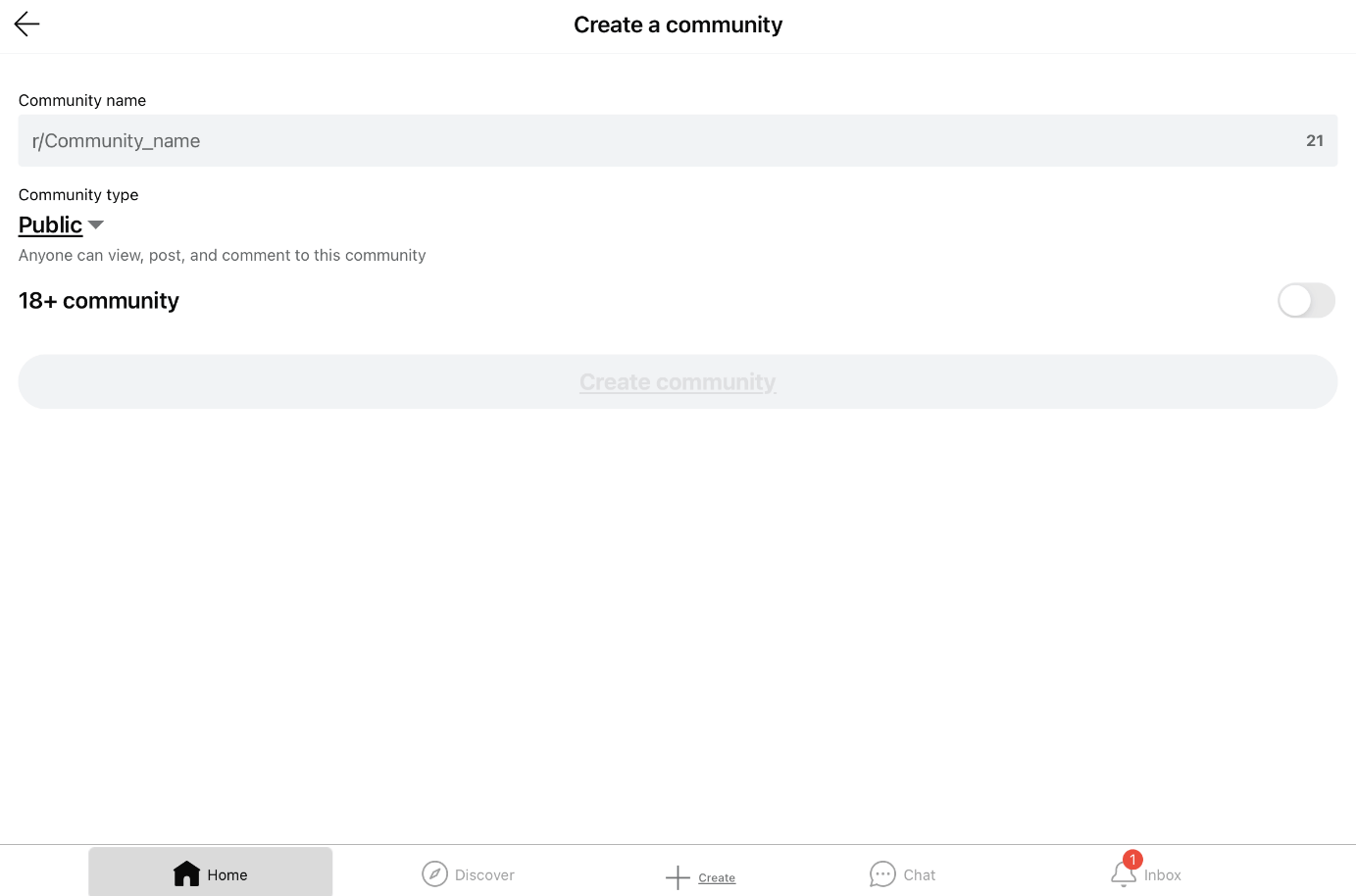 iPad screenshot of the community creation process on Reddit