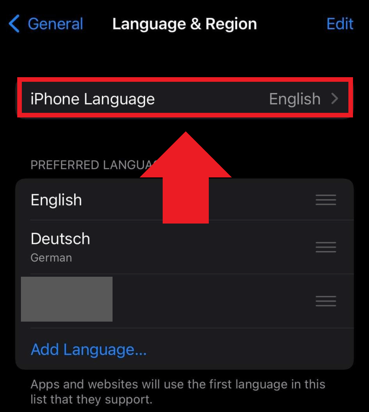 Available system languages in the iOS language settings