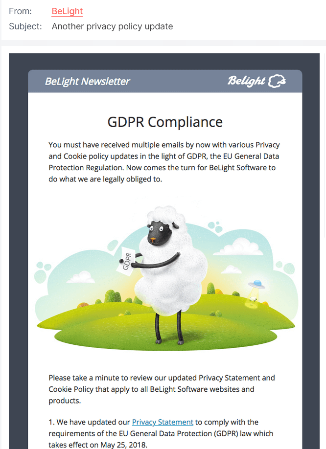Example of a newsletter from BeLight with GDPR information
