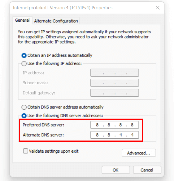 Change DNS server address in Windows 11