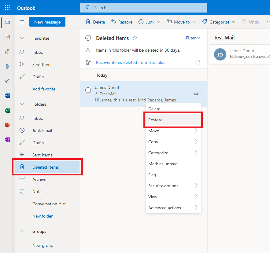 Deleted items in Outlook.com