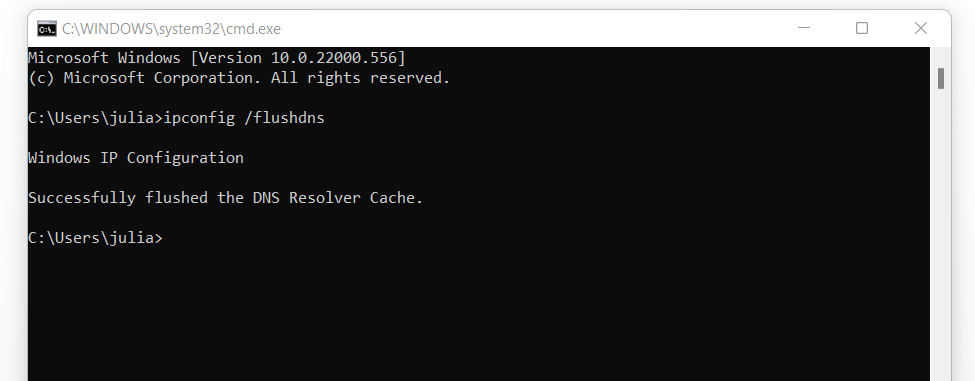 DNS flush via “ipconfig /flushdns” in Windows 11