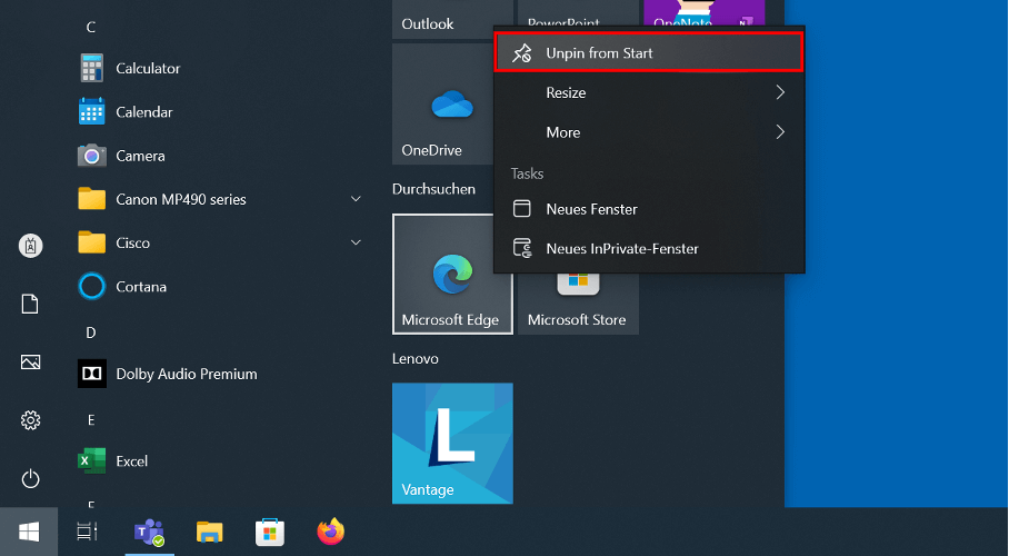 Microsoft Edge tile in the Windows Start menu