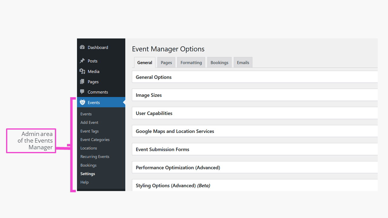 Events Manager calendar plugin for WordPress in the WordPress backend