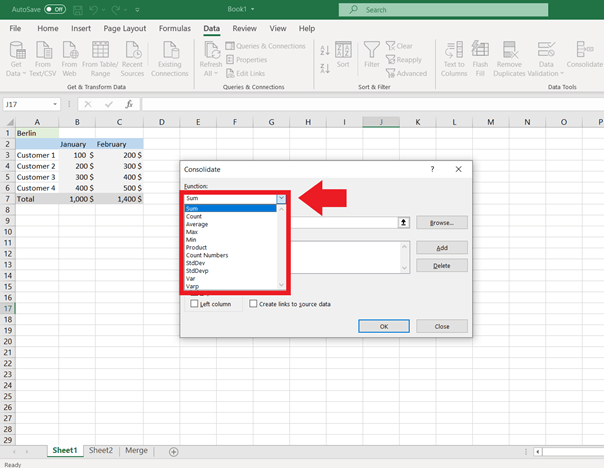 Consolidate menu in Excel