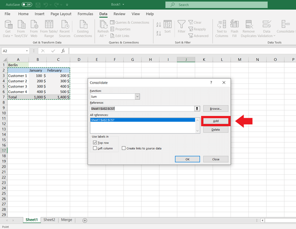 Screenshot showing how to add data to the Consolidate window.