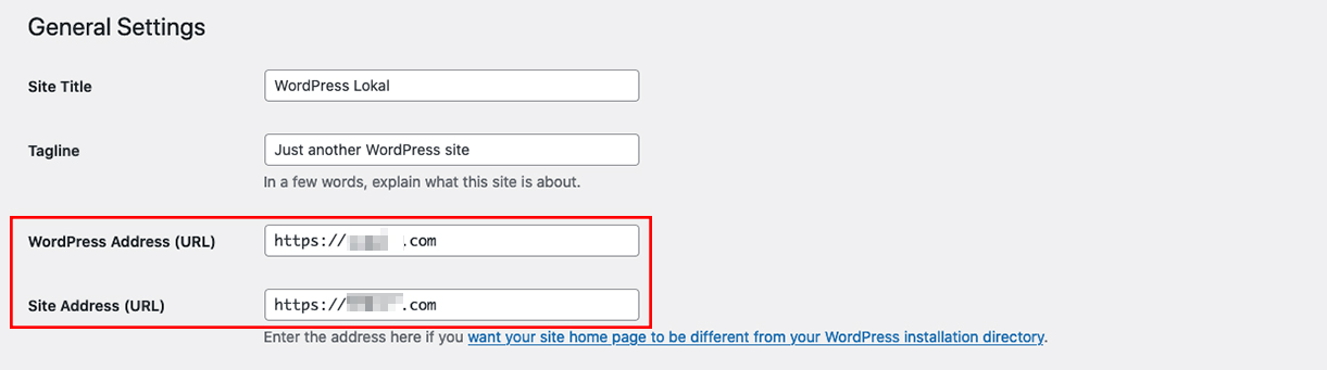 General settings in the admin area of WordPress