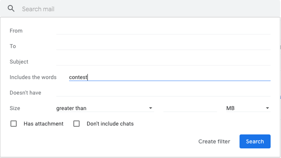 Screenshot of Gmail filter selection options