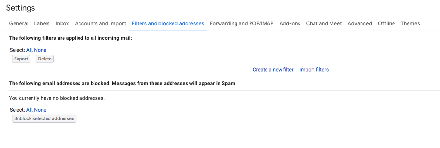 Screenshot of the Gmail filter settings
