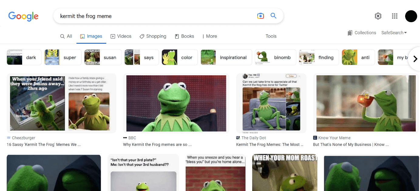 Google search result for “Kermit the Frog meme”