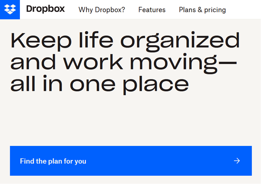 Homepage of the cloud storage platform Dropbox