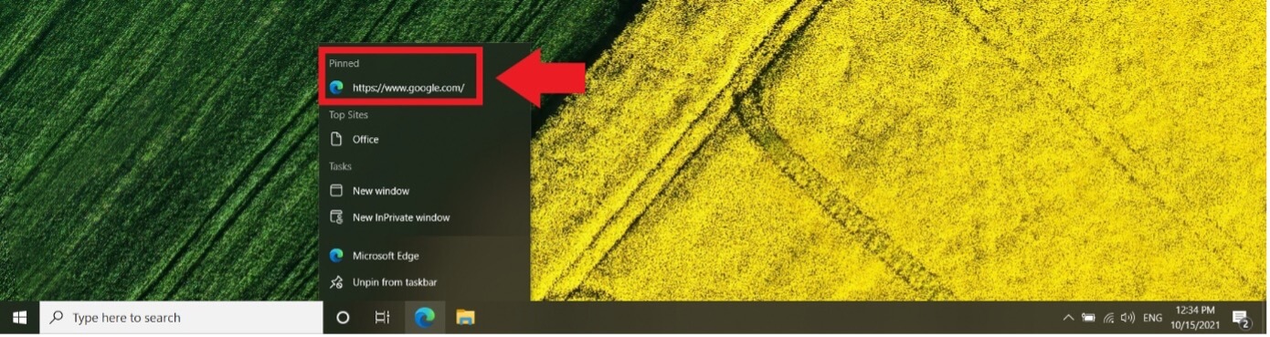 Pinned link in the right-click menu of the Edge icon in the taskbar