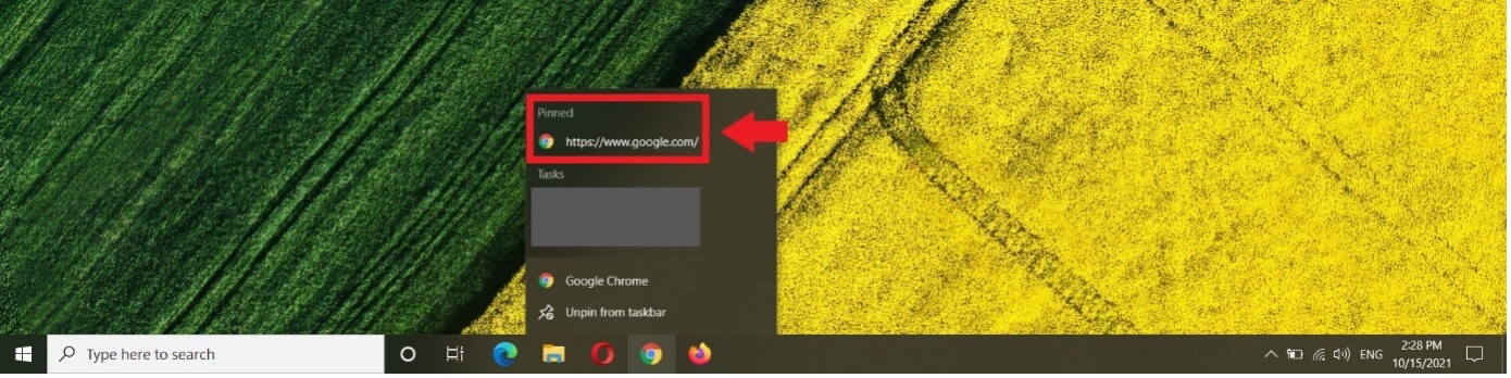 Pinned link in the right-click menu of the Chrome icon in the taskbar