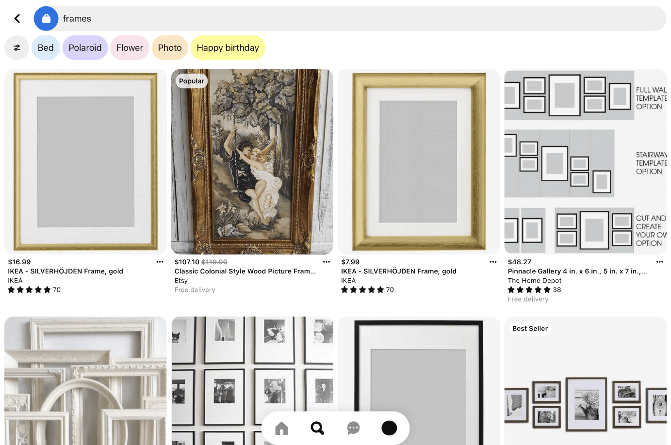 iPad screenshot of a Pinterest search for frames