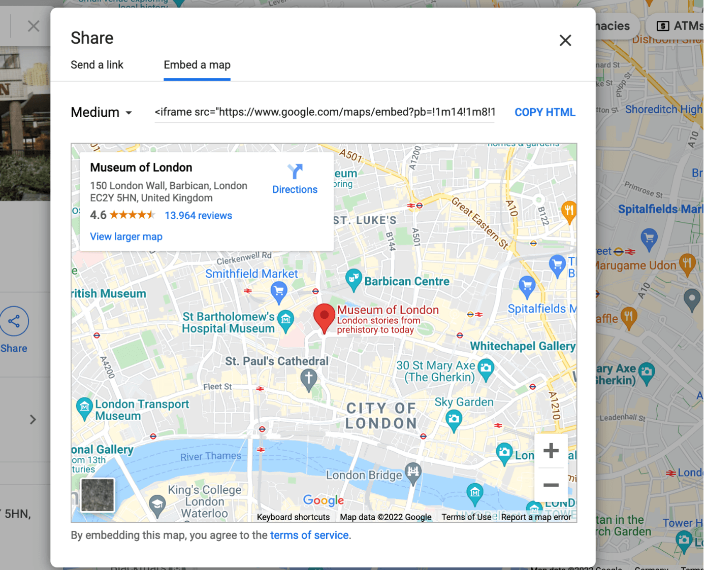 Screenshot of the window for getting an embed code in Google Maps