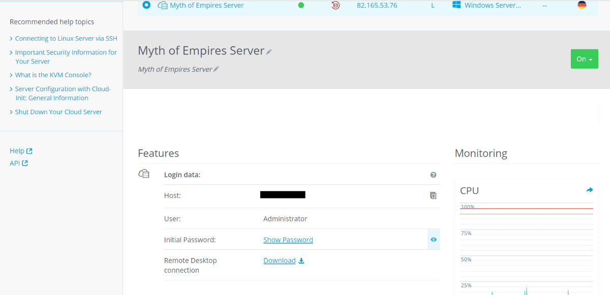server view in IONOS Cloud Panel