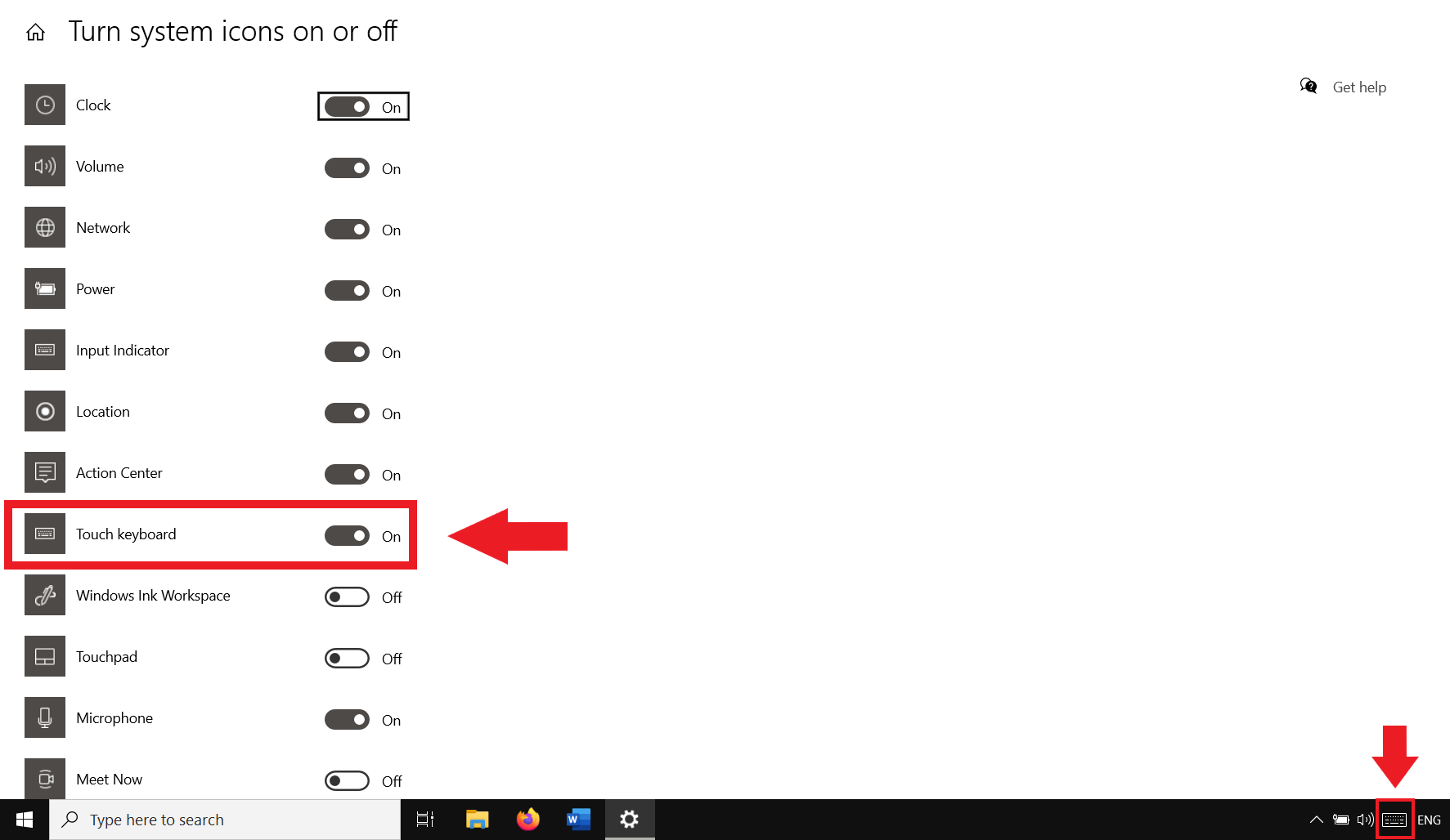 Once the slider is set to “On”, the on-screen keyboard is pinned to the bottom right of the taskbar