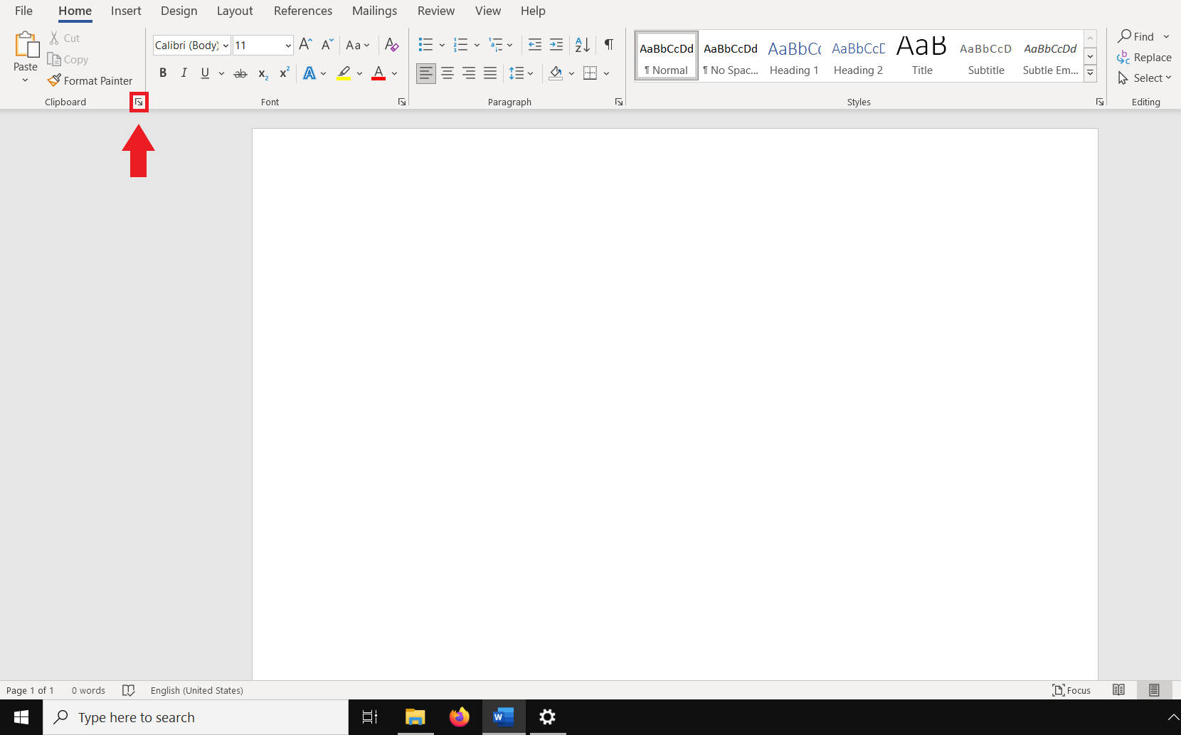 Open clipboard in Word with the small arrow on the right in the clipboard group