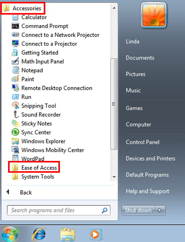 Open the “Accessories” tab and then the “Ease of Access” tab