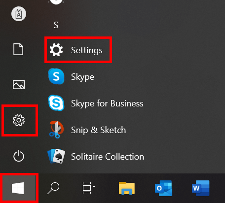 Opening the settings in Windows 10