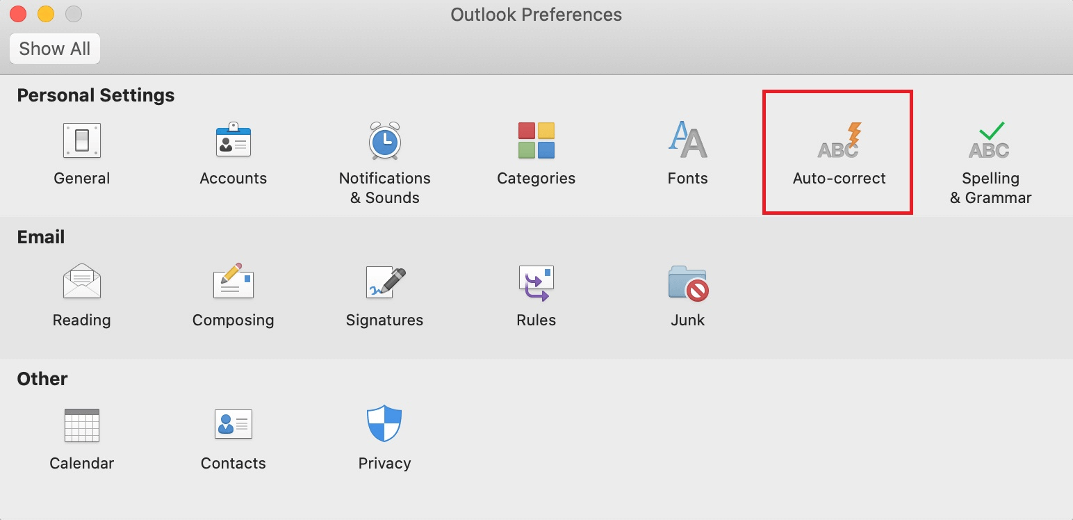 Outlook for Mac: “Auto-correct” menu item in Preferences
