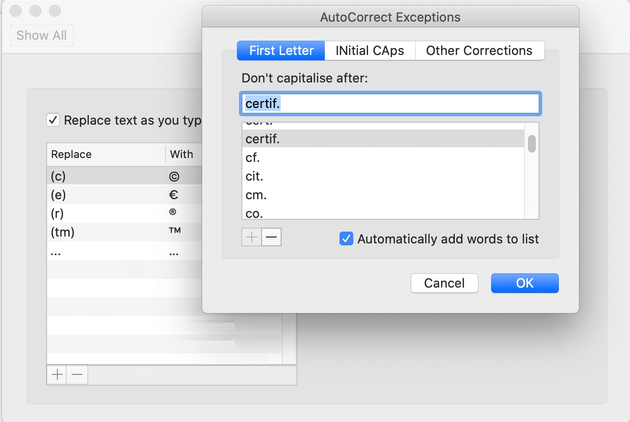 Outlook for Mac: AutoCorrect exceptions