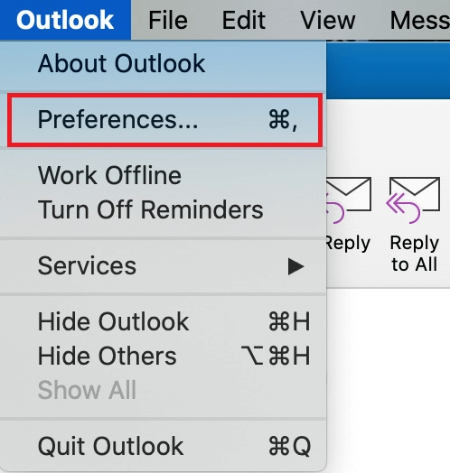 Outlook for Mac: Dropdown menu with “Preferences” menu option