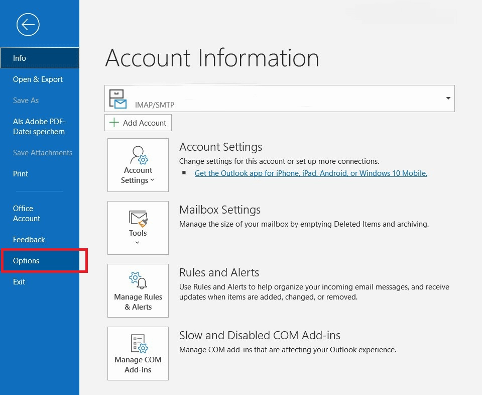 Outlook Options in Account Information pop-up window