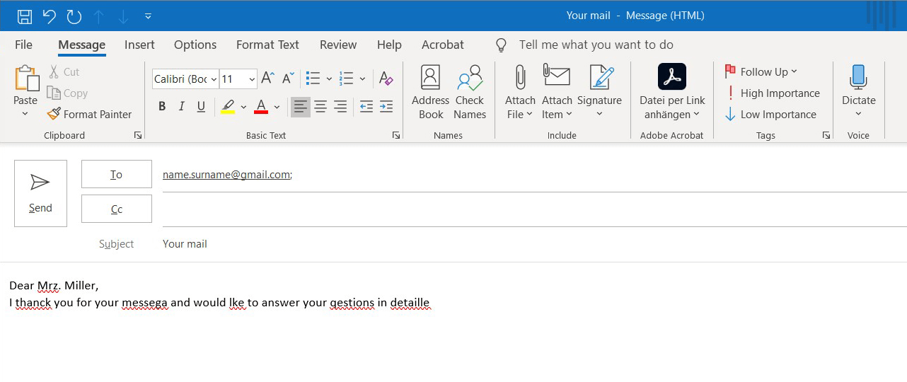 Outlook spell check: Example of spell check highlighting