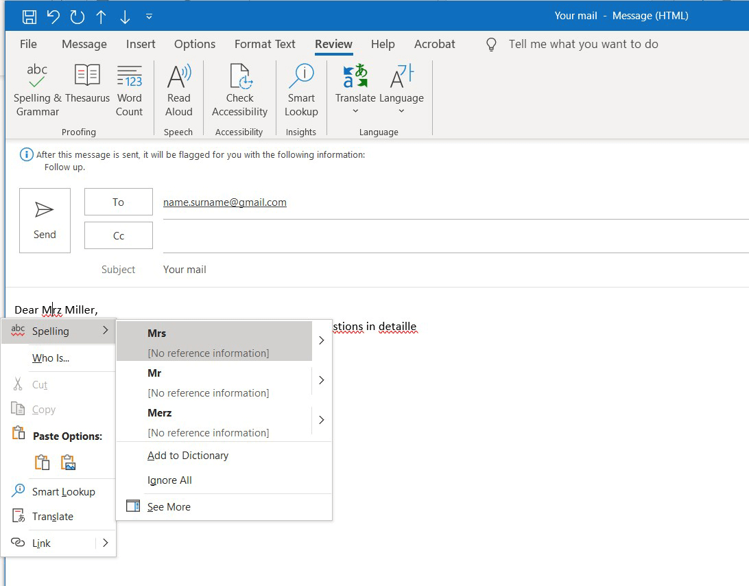 Outlook spell check: Suggestions for correction