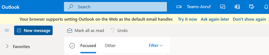Outlook Web with note on default mail client.