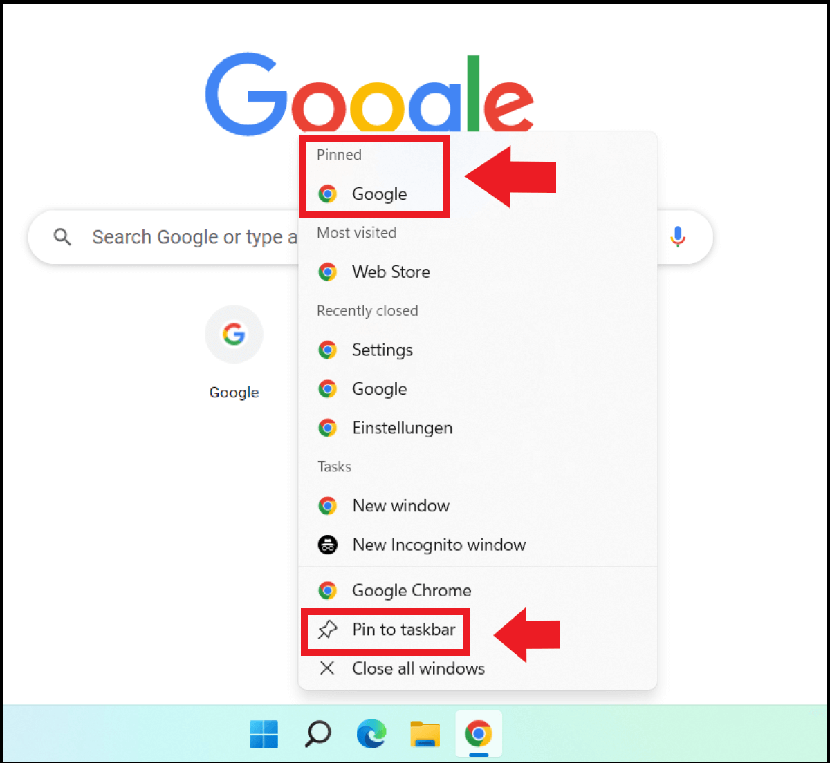 Pinned web links in the taskbar’s browser icon