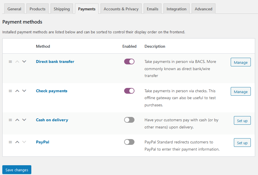 Screenshot of default payment options in WooCommerce