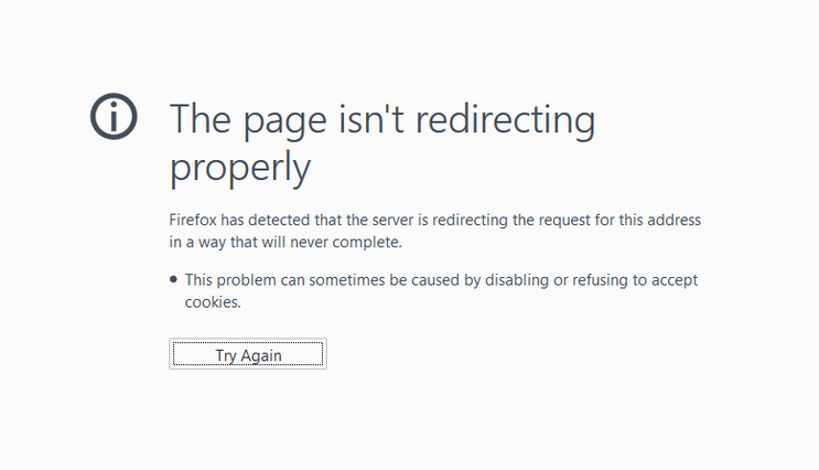 Screenshot of error message ERR_TOO_MANY_REDIRECTS on Firefox