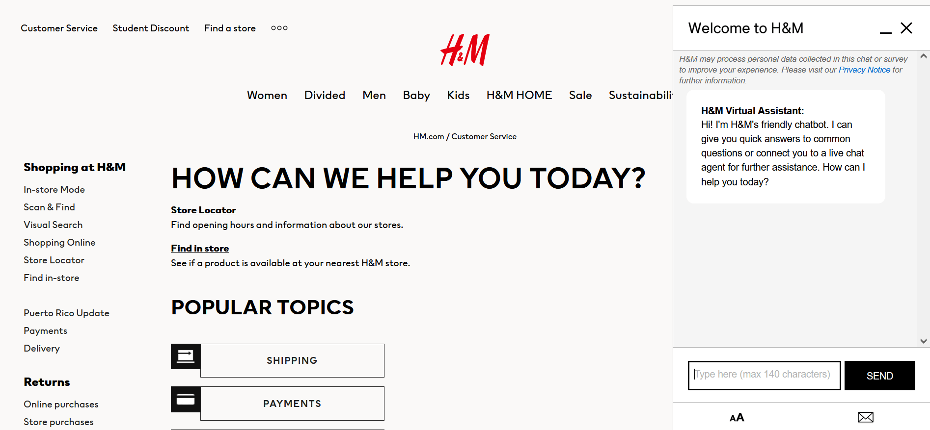 Screenshot of H&M customer support page with chatbot