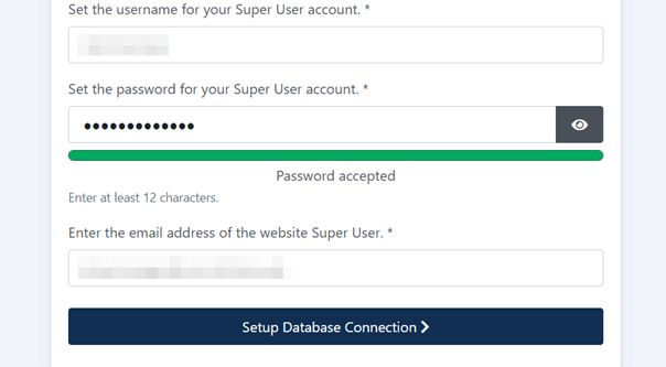 Screenshot of page for setting up admin login
