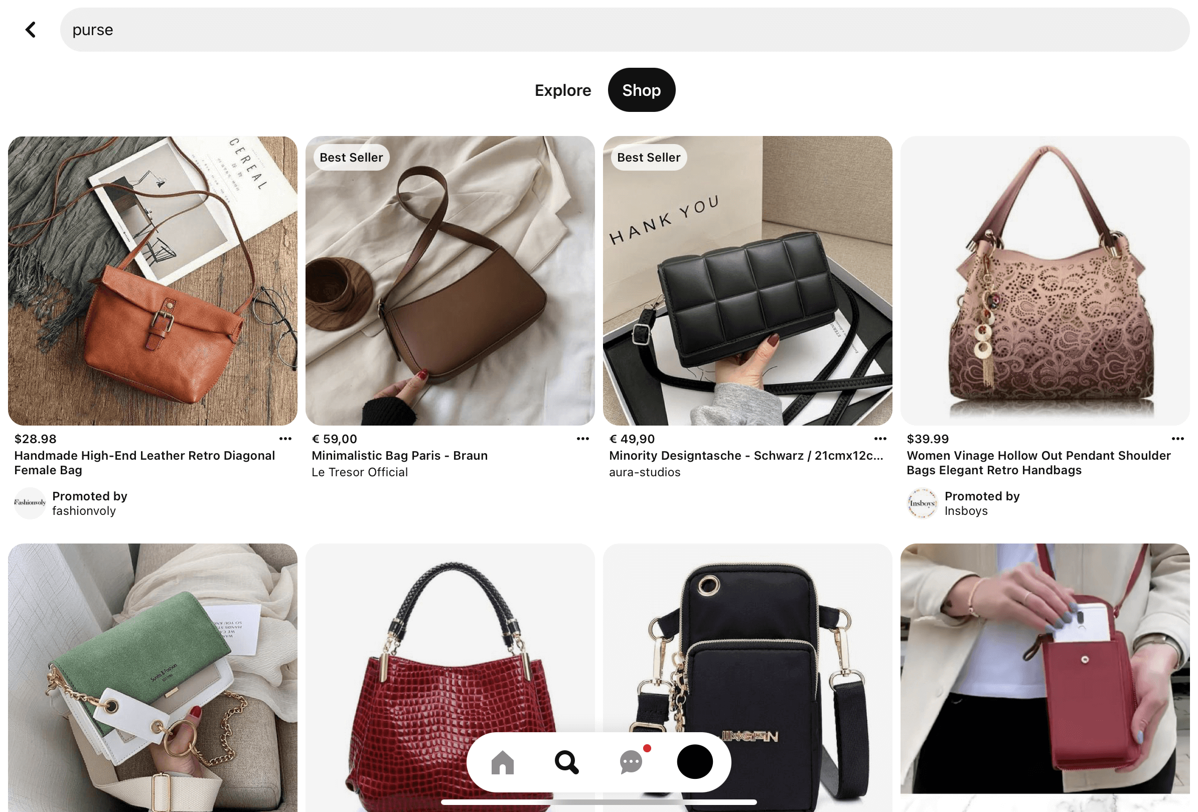 Screenshot of Pinterest app with search query “purse”