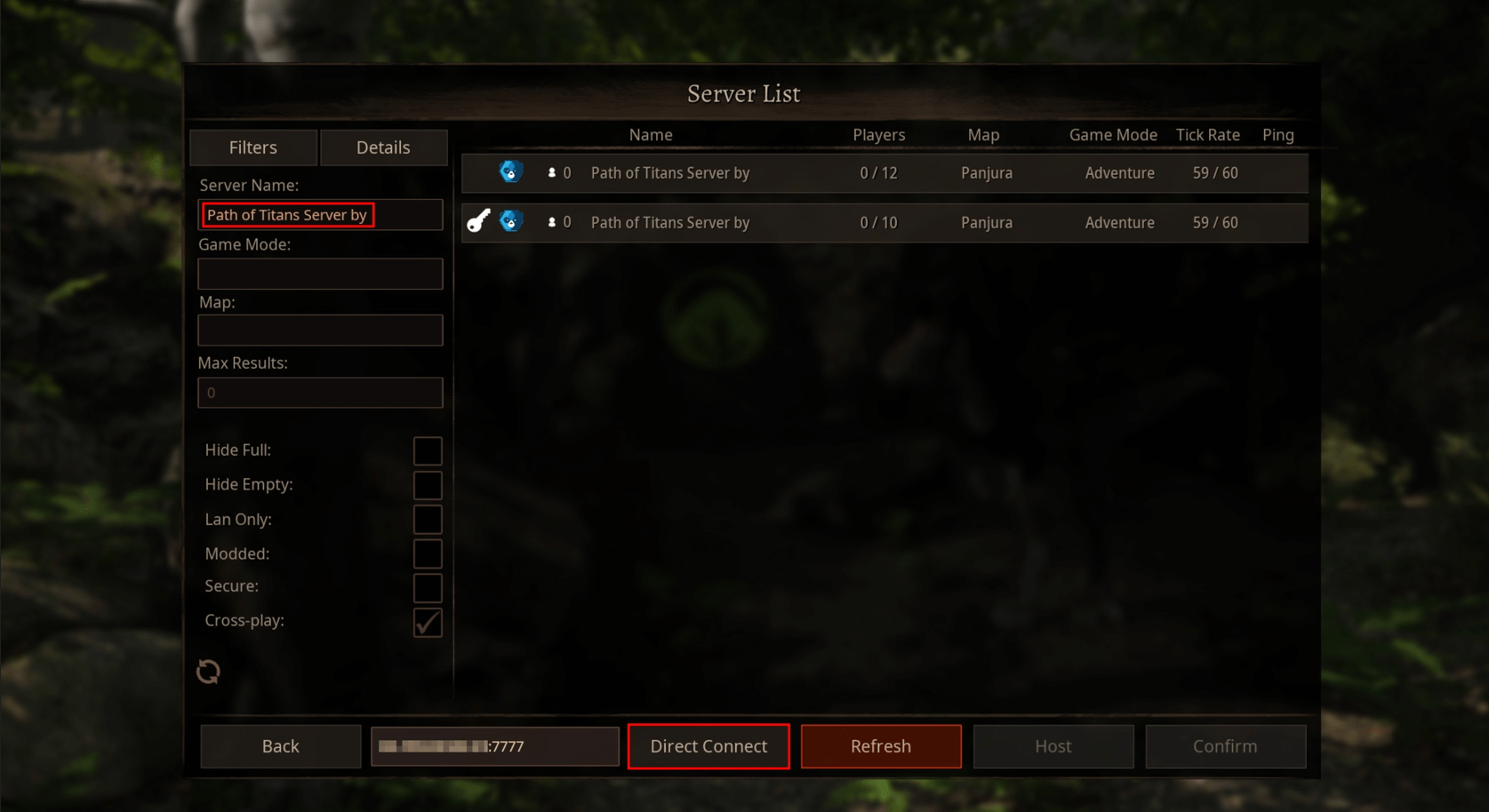Screenshot of the Path of Titans server options menu